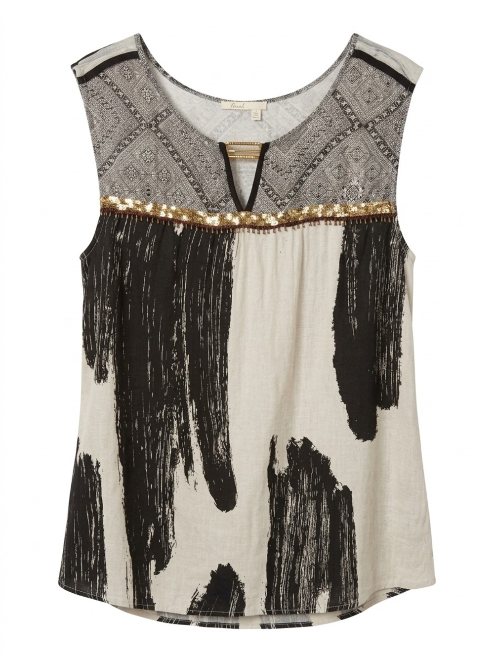 Anthropologie Cream and Black Sleeveless Blouse with Gold Sequin Band